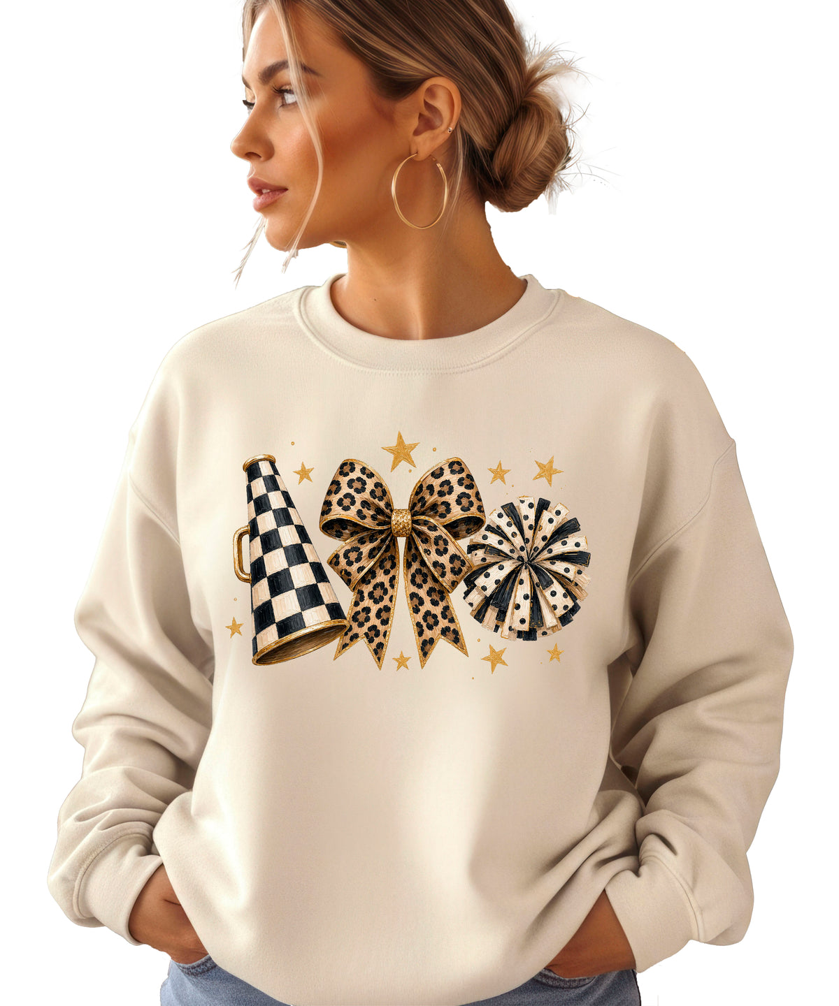 Cheer sweatshirt for women in Sand, leopard bow megaphone pom pom crewneck, view 3