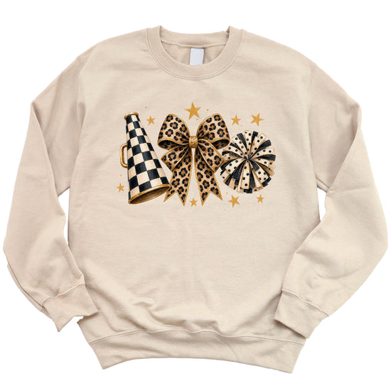Cheer sweatshirt for women in Sand, leopard bow megaphone pom pom crewneck, view 4