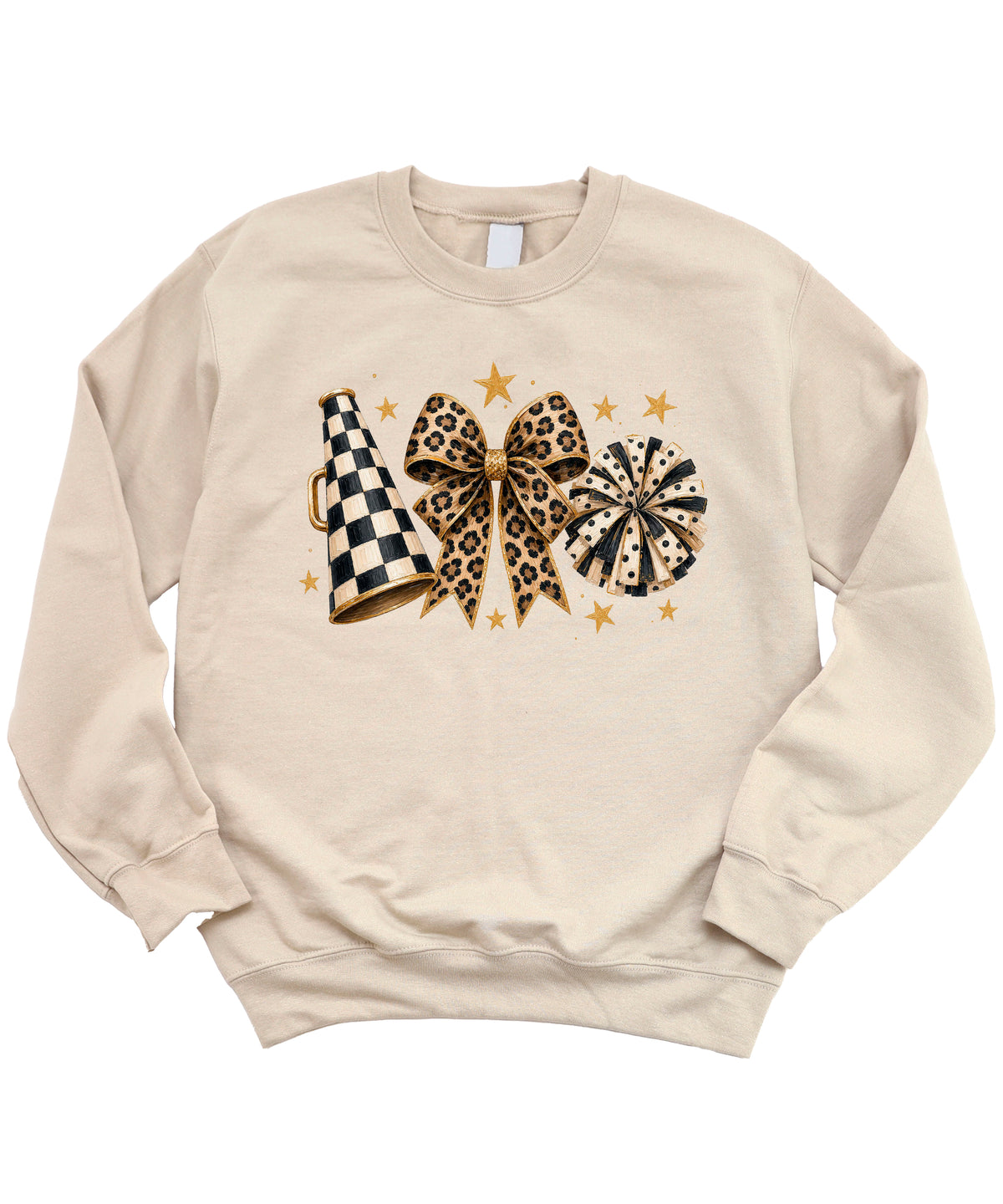 Cheer sweatshirt for women in Sand, leopard bow megaphone pom pom crewneck, view 4