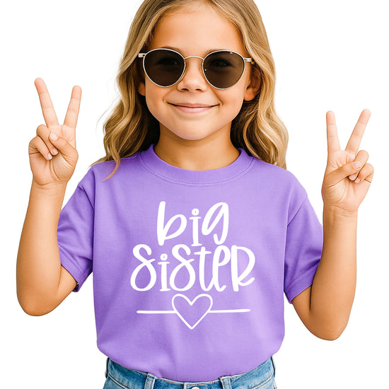 Big Sister heart sibling reveal t-shirt in purple, main view