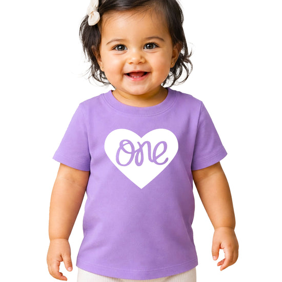 One in a Heart girls first birthday shirt, Purple, main product photo