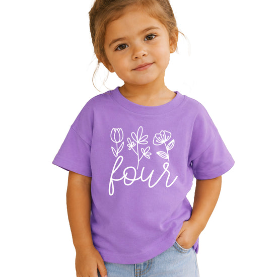 Four Floral 4th birthday shirt for toddler girls in purple, main view