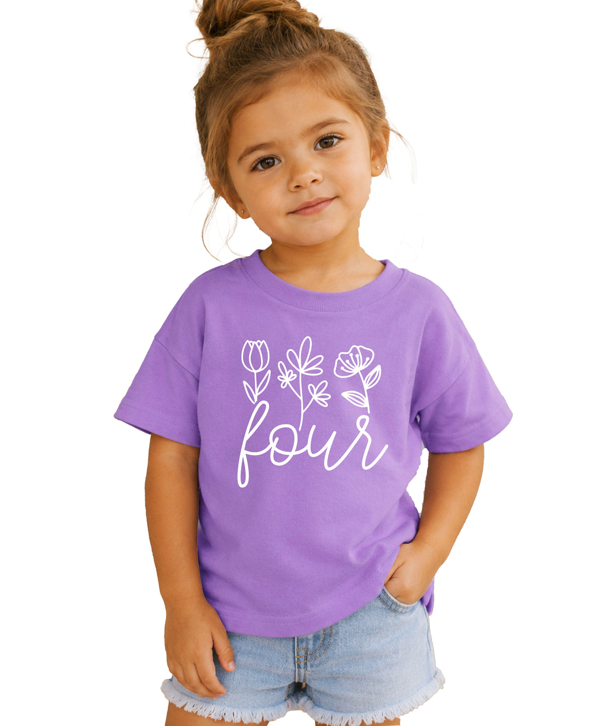Four Floral 4th birthday shirt for toddler girls in purple, main view