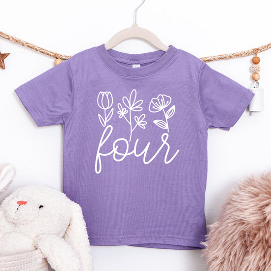 Four Floral 4th birthday shirt for toddler girls in purple, view 2