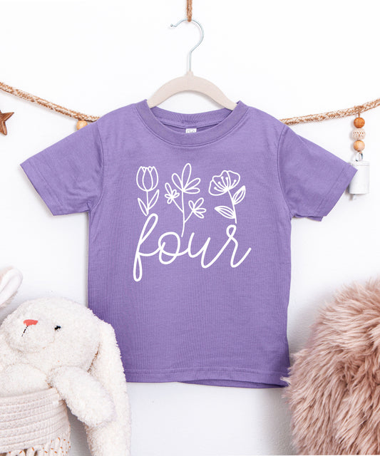 Four Floral 4th birthday shirt for toddler girls in purple, view 2