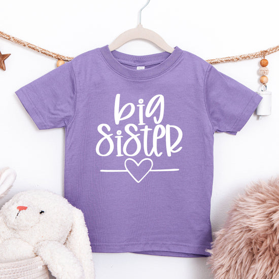 Big Sister heart sibling reveal t-shirt in purple, second view
