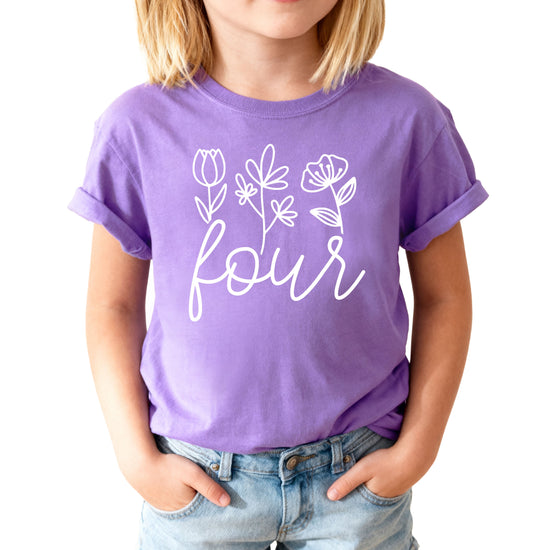 Four Floral 4th birthday shirt for toddler girls in purple, view 3