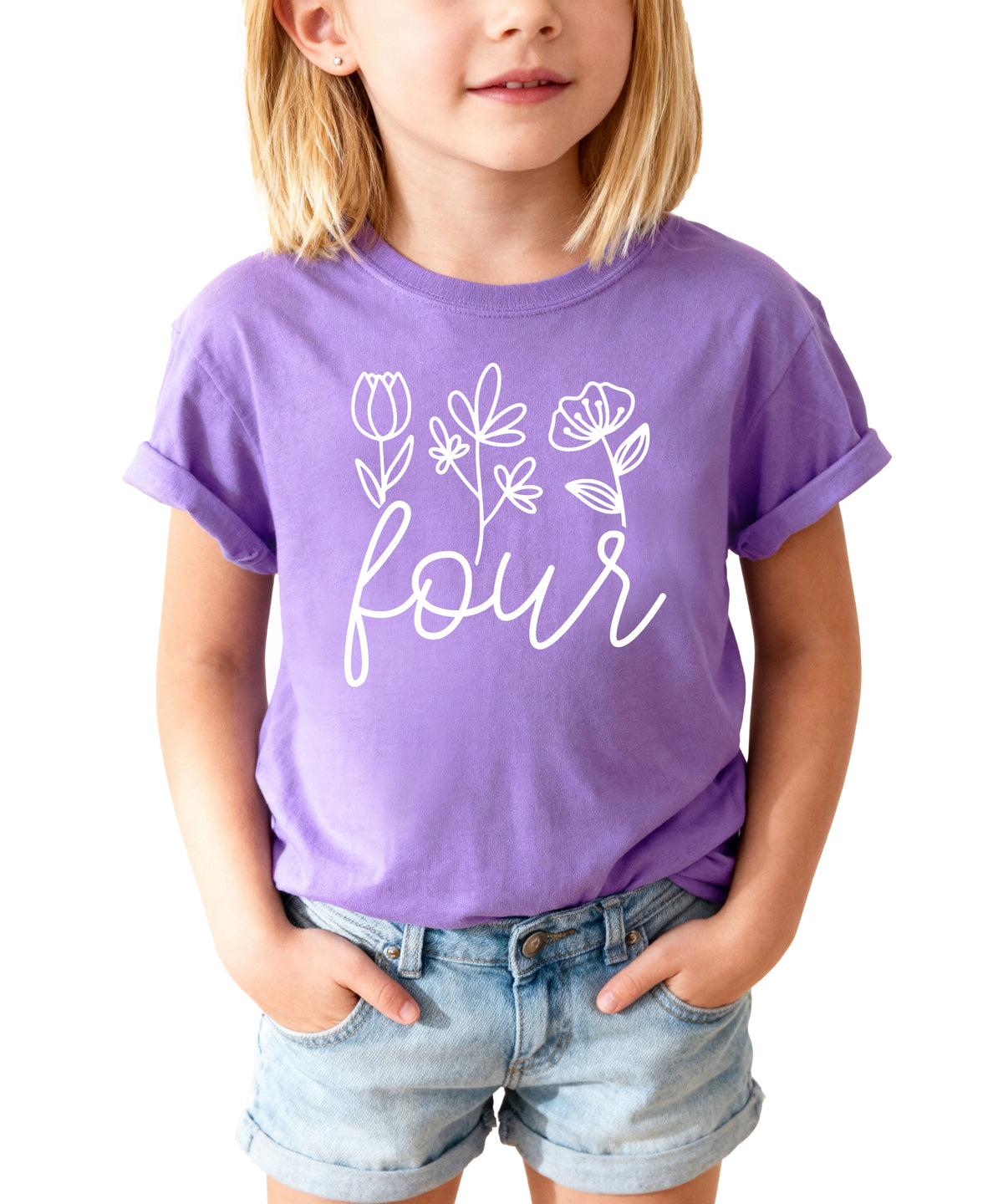 Four Floral 4th birthday shirt for toddler girls in purple, view 3