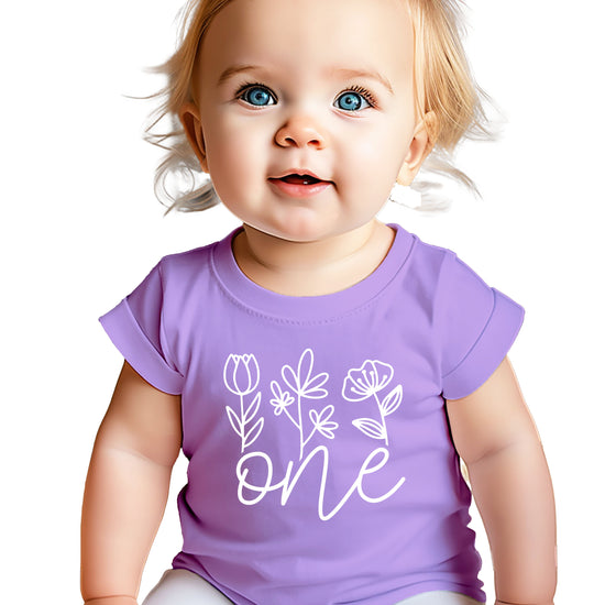 Floral One first birthday shirt for baby girls in purple, third view