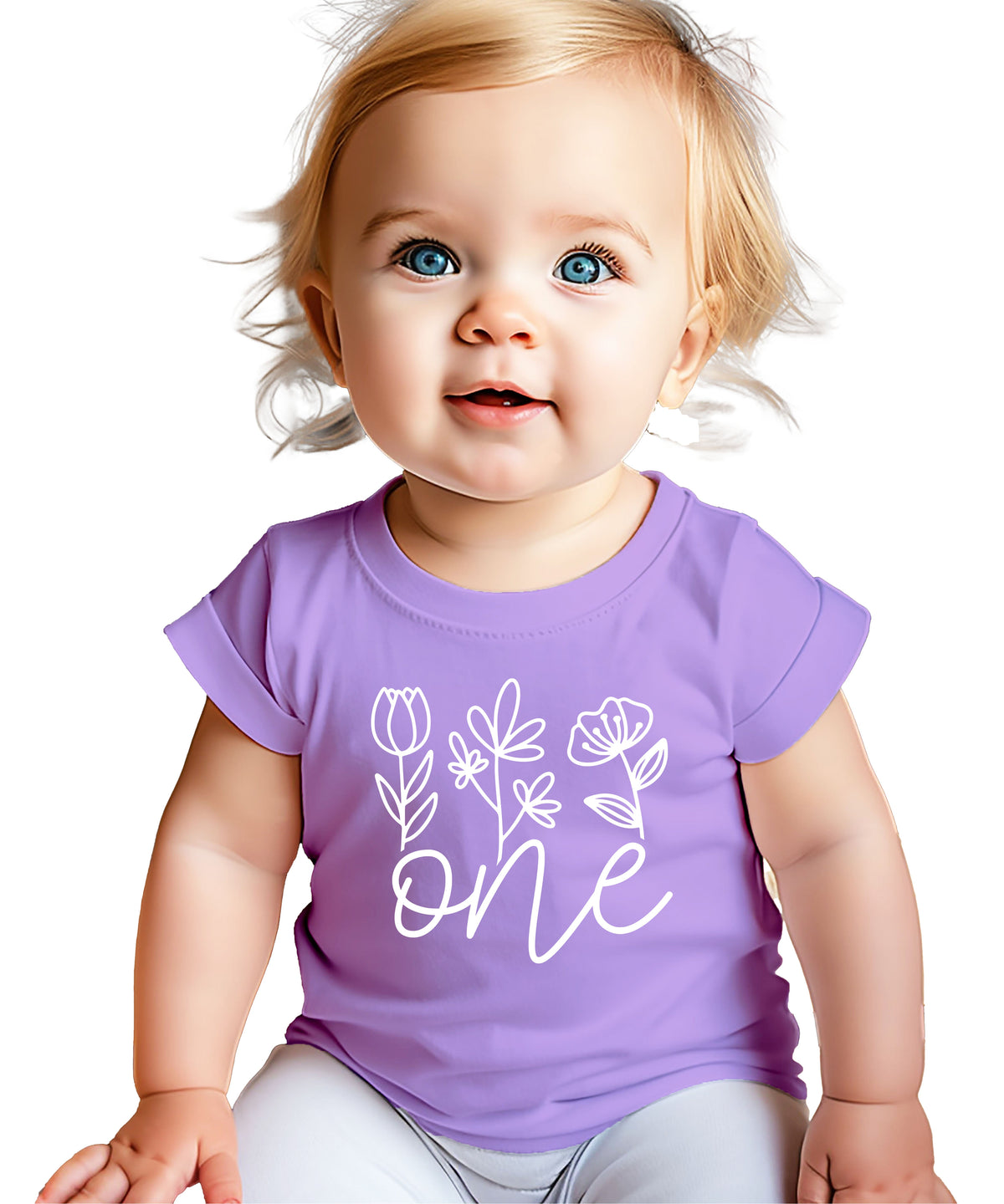 Floral One first birthday shirt for baby girls in purple, third view