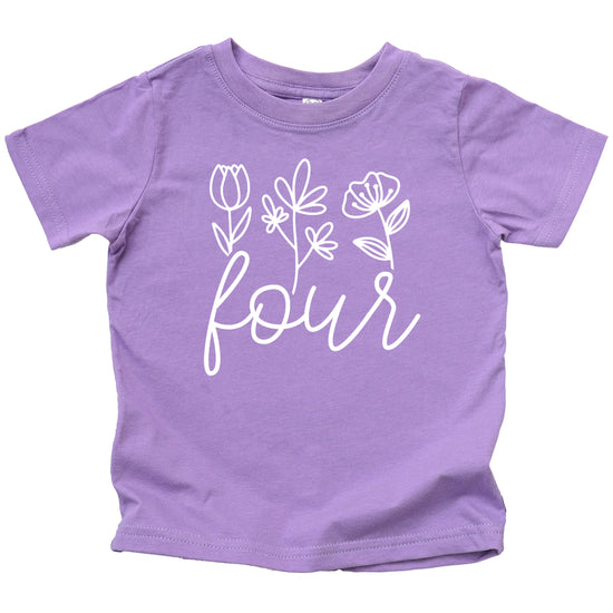 Four Floral 4th birthday shirt for toddler girls in purple, view 4