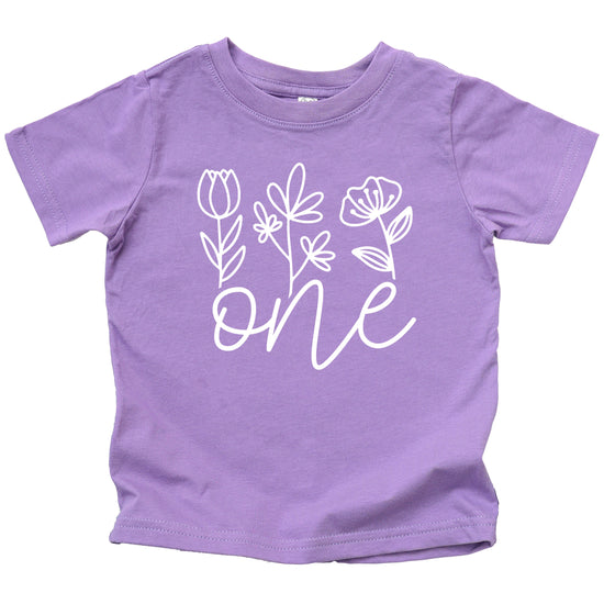Floral One first birthday shirt for baby girls in purple, fourth view