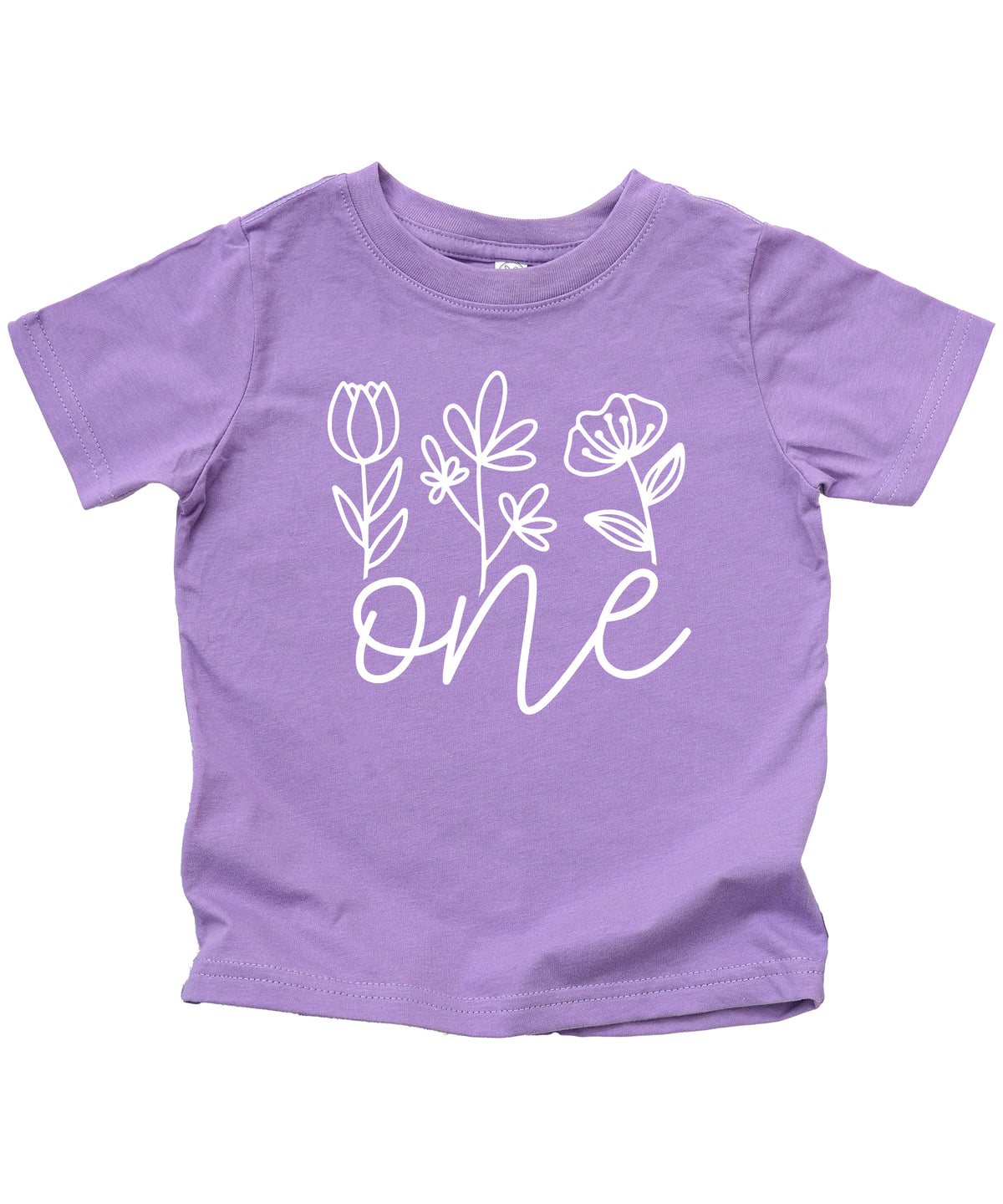 Floral One first birthday shirt for baby girls in purple, fourth view