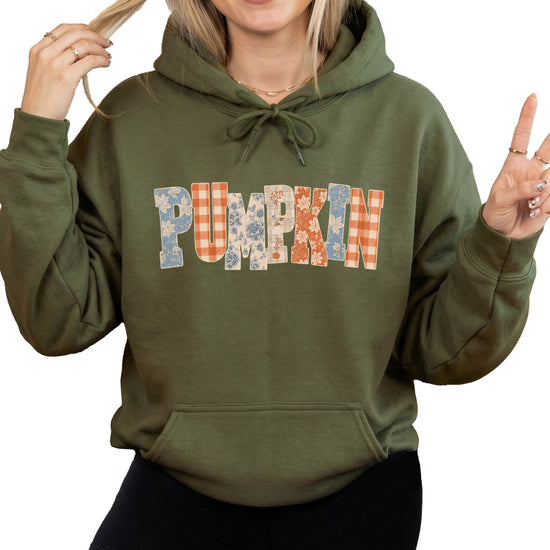 Army Green Pumpkin Patch fall hoodie for women and teen girls, front view
