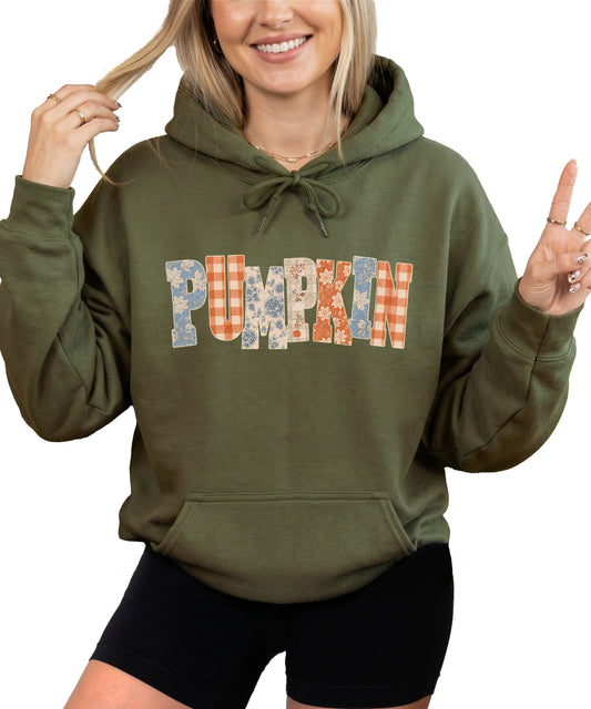 Army Green Pumpkin Patch fall hoodie for women and teen girls, front view