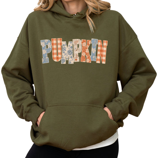 Army Green Pumpkin Patch fall hoodie for women and teen girls, back view