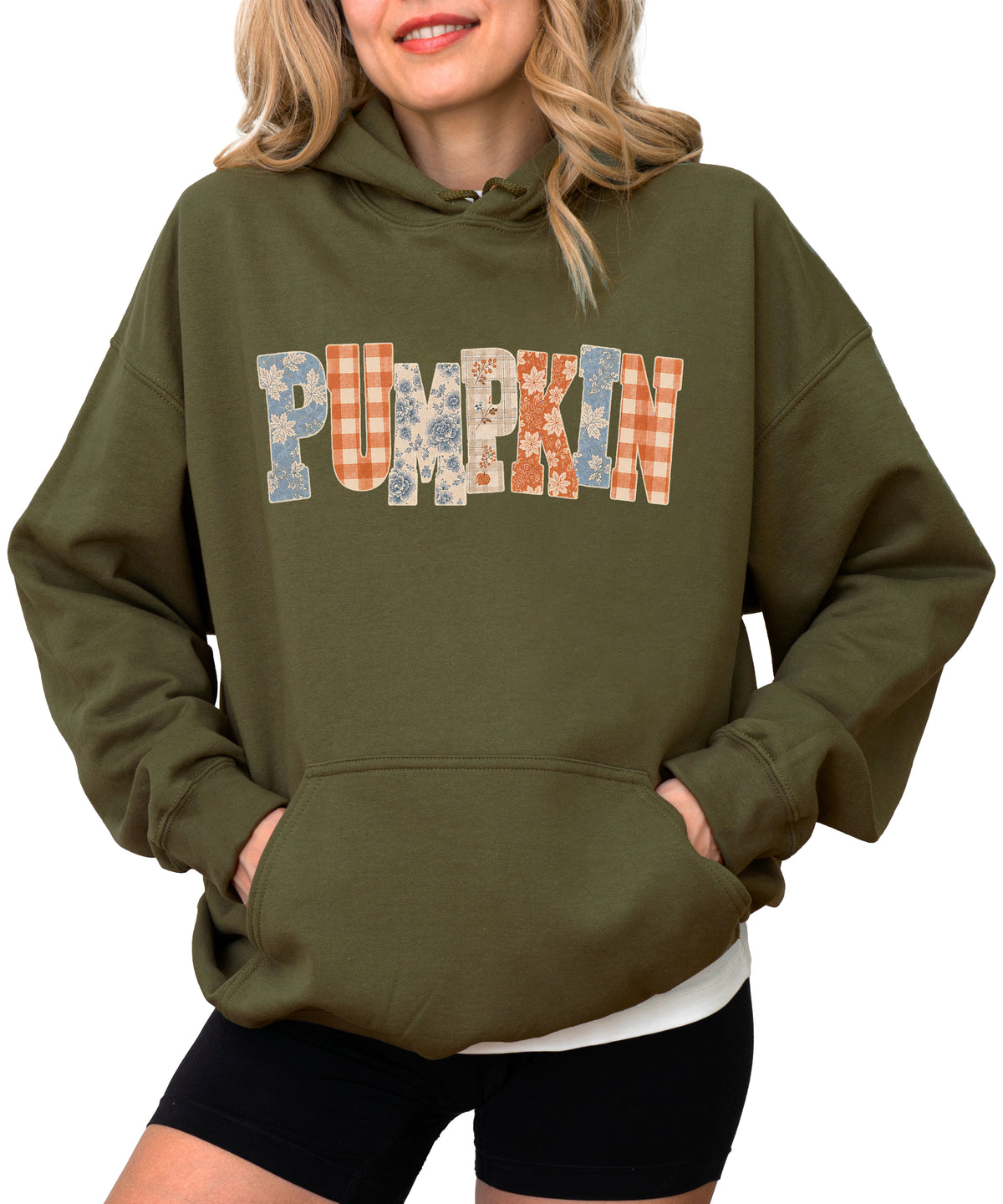 Army Green Pumpkin Patch fall hoodie for women and teen girls, back view