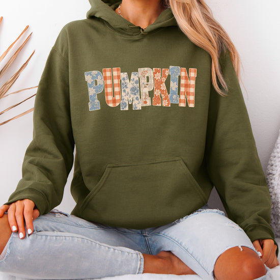Army Green Pumpkin Patch fall hoodie for women and teen girls, folded detail