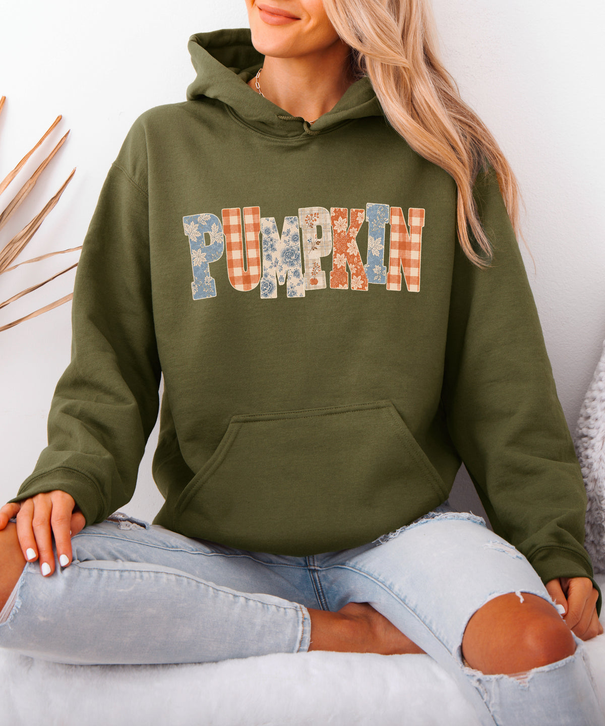 Army Green Pumpkin Patch fall hoodie for women and teen girls, folded detail