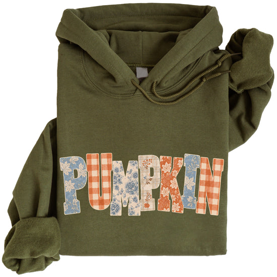 Army Green Pumpkin Patch fall hoodie for women and teen girls, lettering close-up