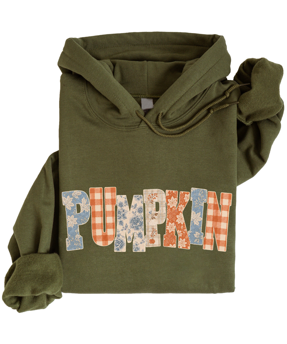 Army Green Pumpkin Patch fall hoodie for women and teen girls, lettering close-up