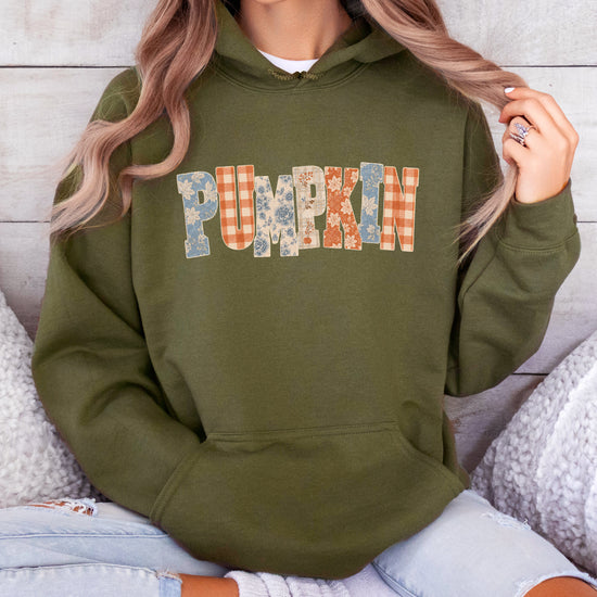 Army Green Pumpkin Patch fall hoodie for women and teen girls, lifestyle view