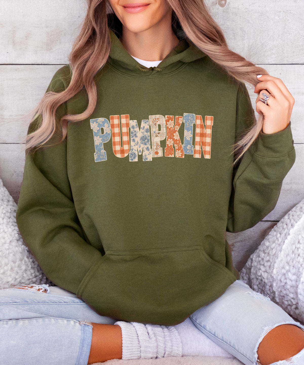Army Green Pumpkin Patch fall hoodie for women and teen girls, lifestyle view