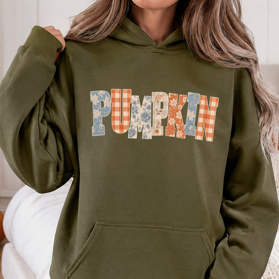 Army Green Pumpkin Patch fall hoodie for women and teen girls, styled flat lay