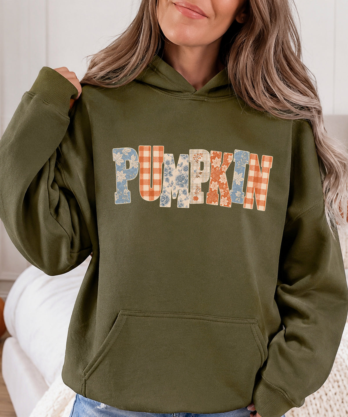 Army Green Pumpkin Patch fall hoodie for women and teen girls, styled flat lay