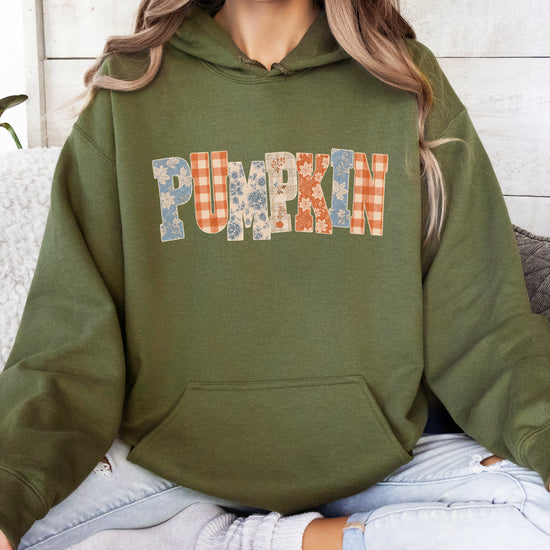 Army Green Pumpkin Patch fall hoodie for women and teen girls, detail view