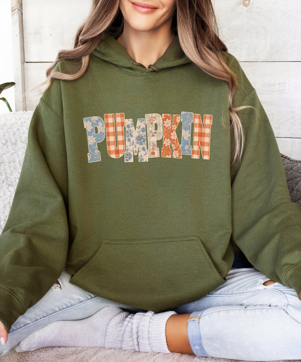 Army Green Pumpkin Patch fall hoodie for women and teen girls, detail view
