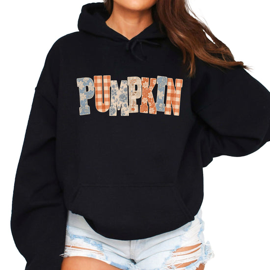 Black Pumpkin Patch fall hoodie for women and teen girls, front view