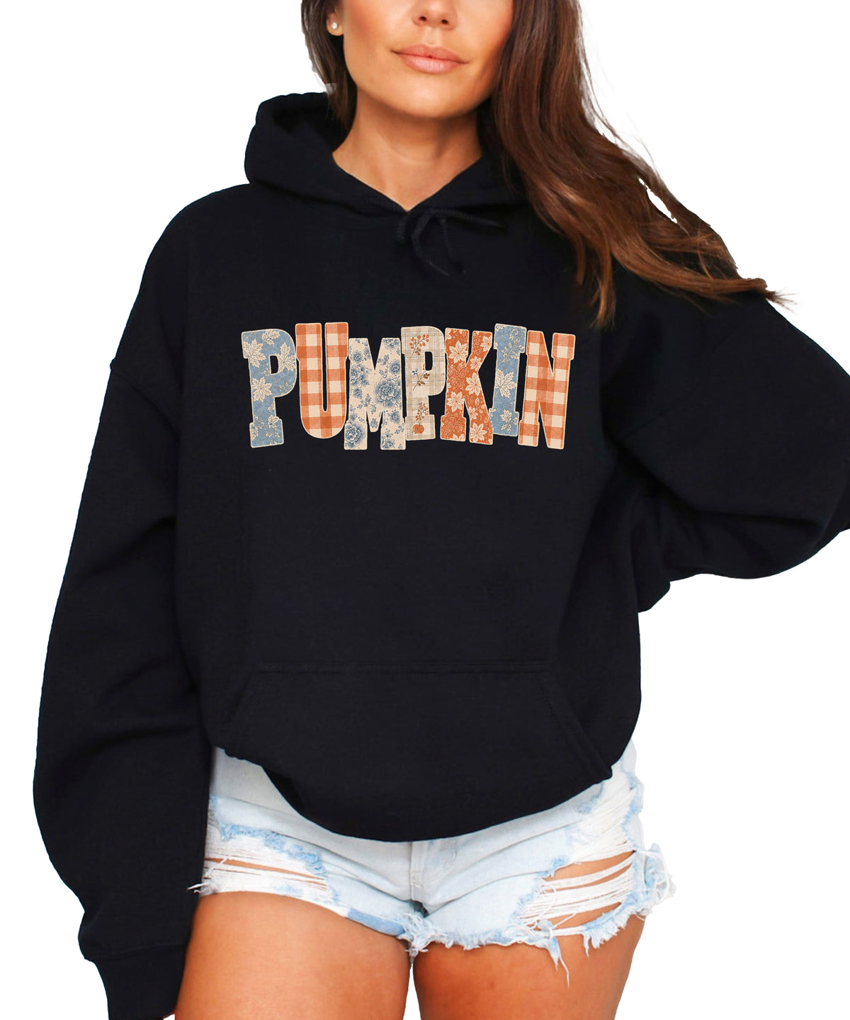 Black Pumpkin Patch fall hoodie for women and teen girls, front view