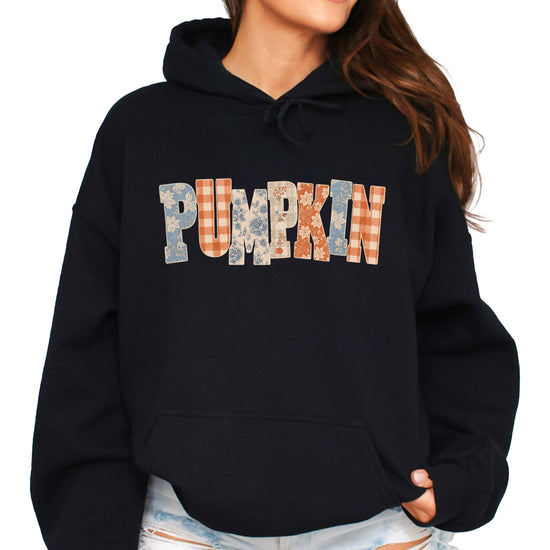 Black Pumpkin Patch fall hoodie for women and teen girls, back view