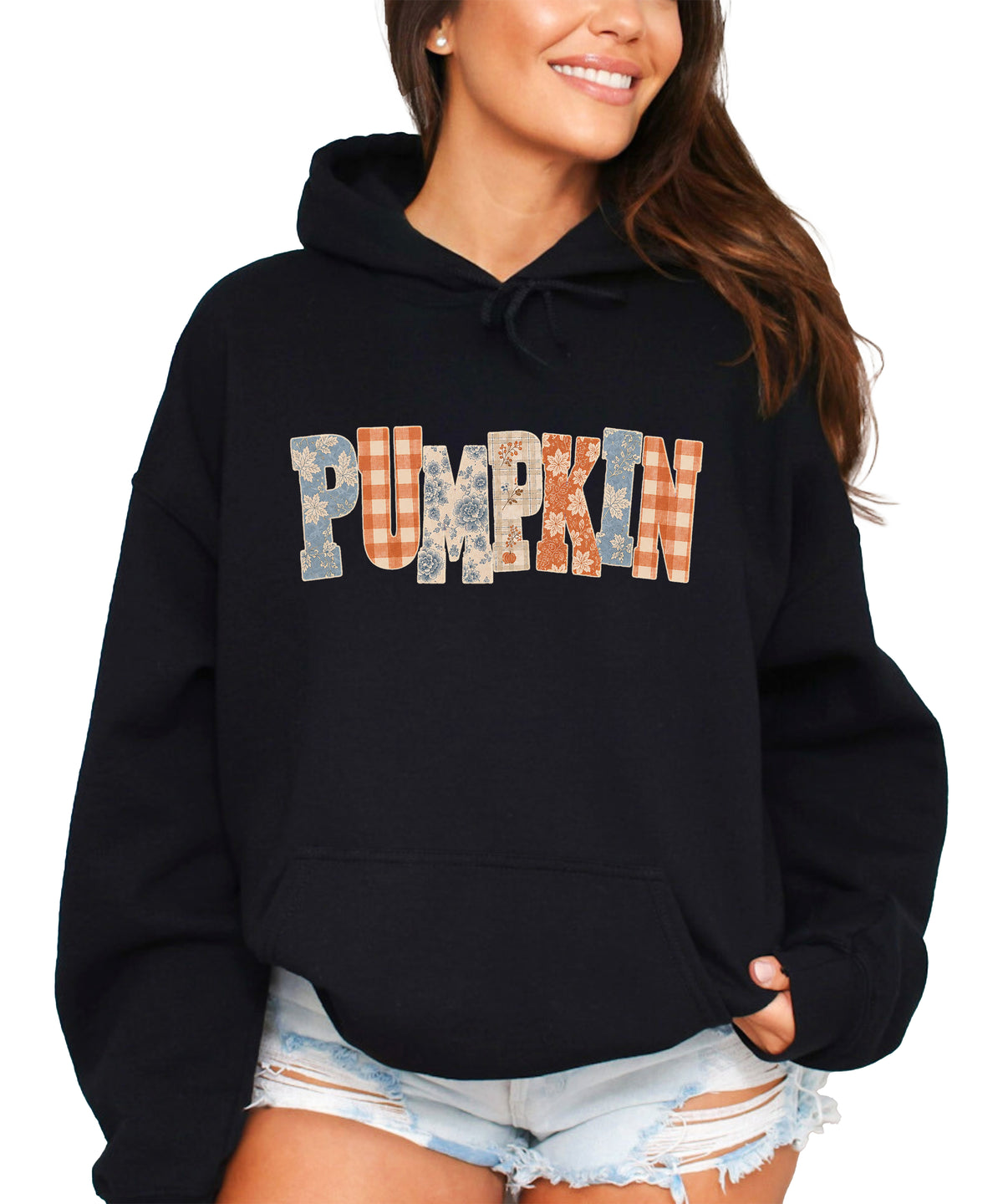 Black Pumpkin Patch fall hoodie for women and teen girls, back view