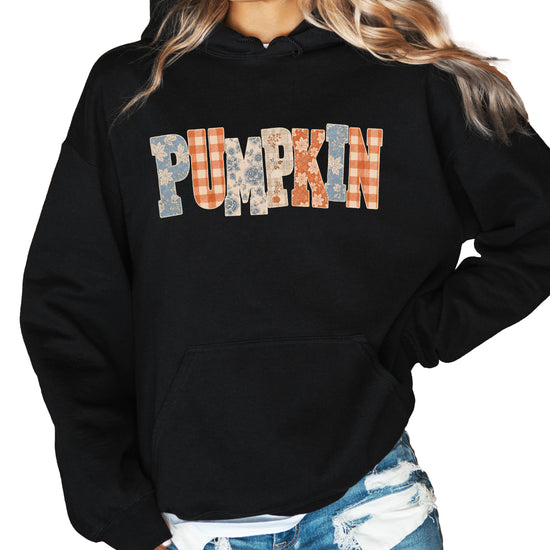 Black Pumpkin Patch fall hoodie for women and teen girls, folded detail