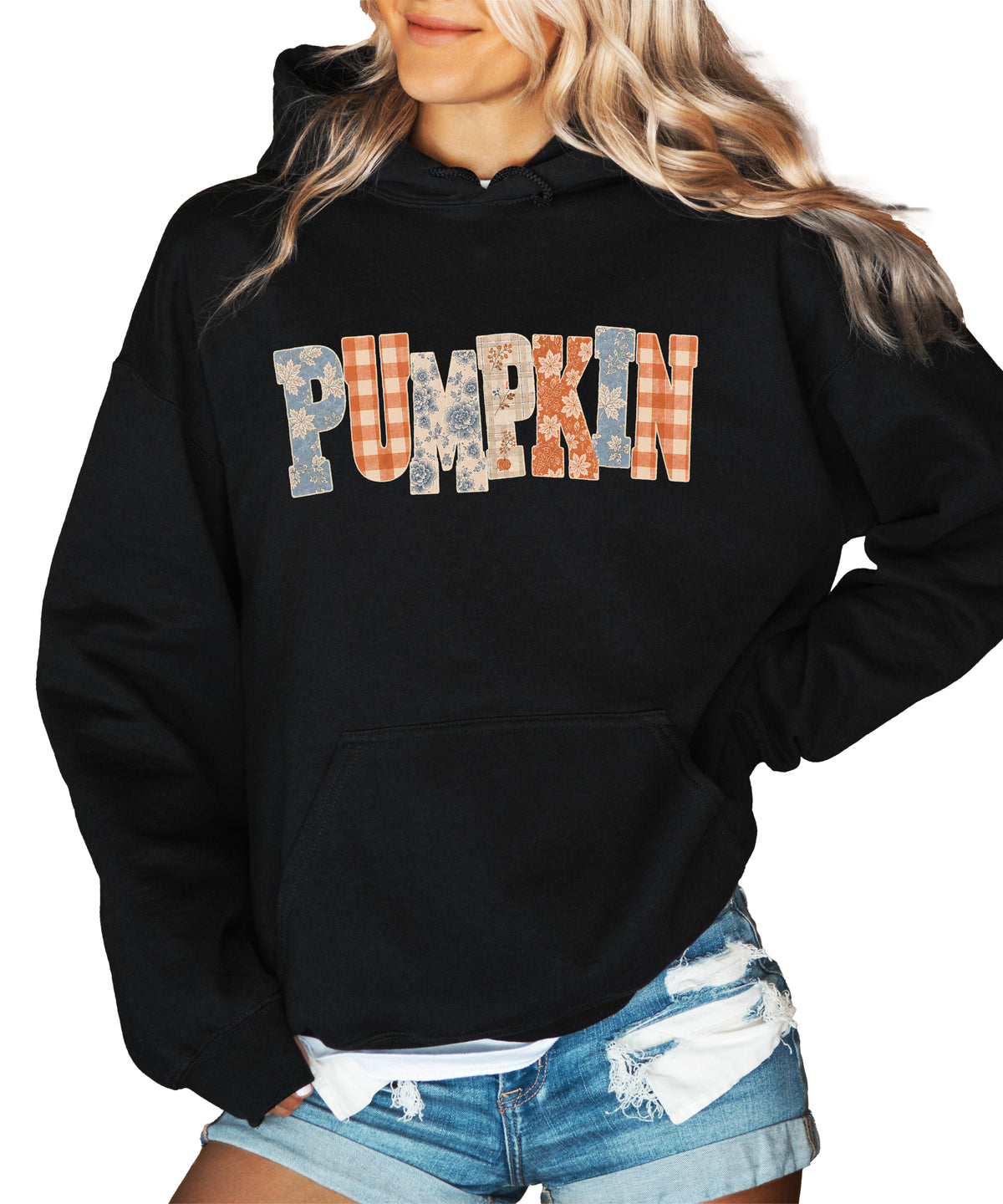 Black Pumpkin Patch fall hoodie for women and teen girls, folded detail