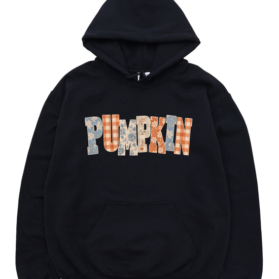 Black Pumpkin Patch fall hoodie for women and teen girls, lettering close-up