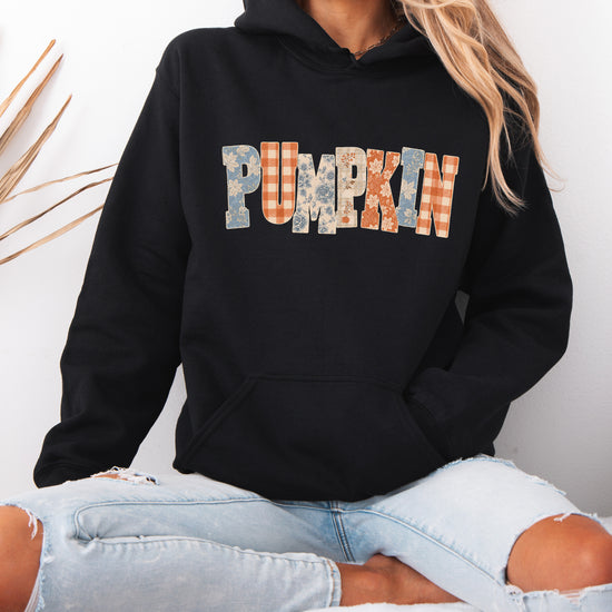 Black Pumpkin Patch fall hoodie for women and teen girls, lifestyle view