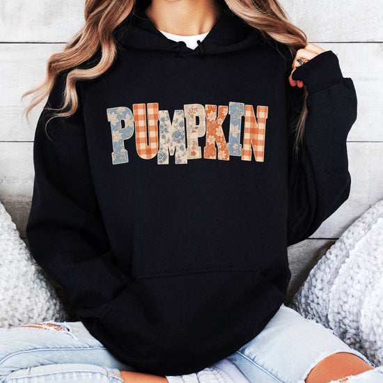 Black Pumpkin Patch fall hoodie for women and teen girls, styled flat lay