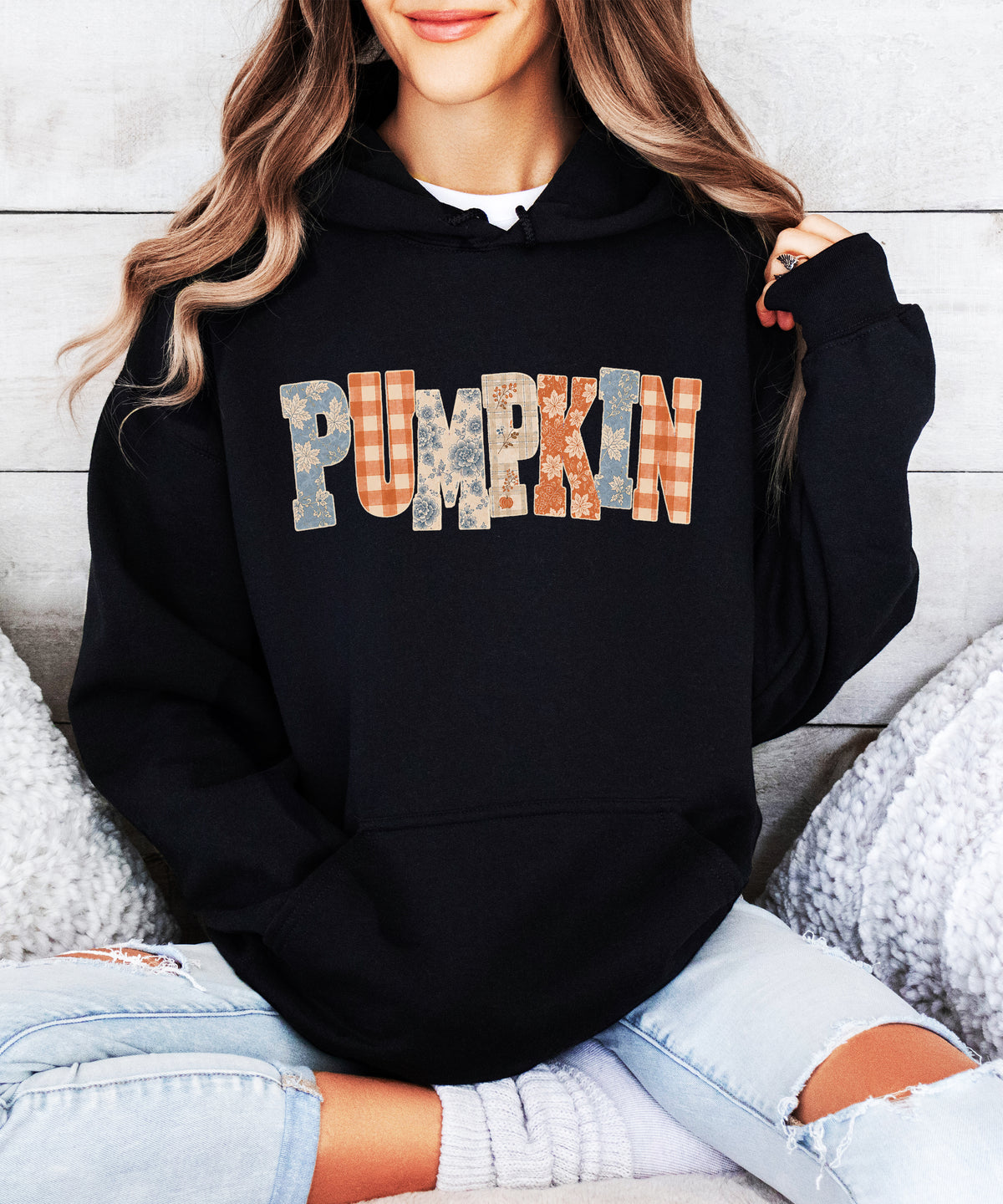 Black Pumpkin Patch fall hoodie for women and teen girls, styled flat lay
