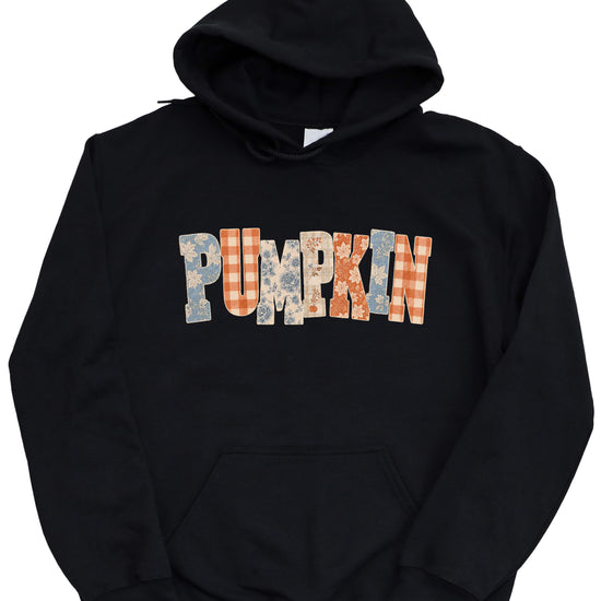 Black Pumpkin Patch fall hoodie for women and teen girls, detail view
