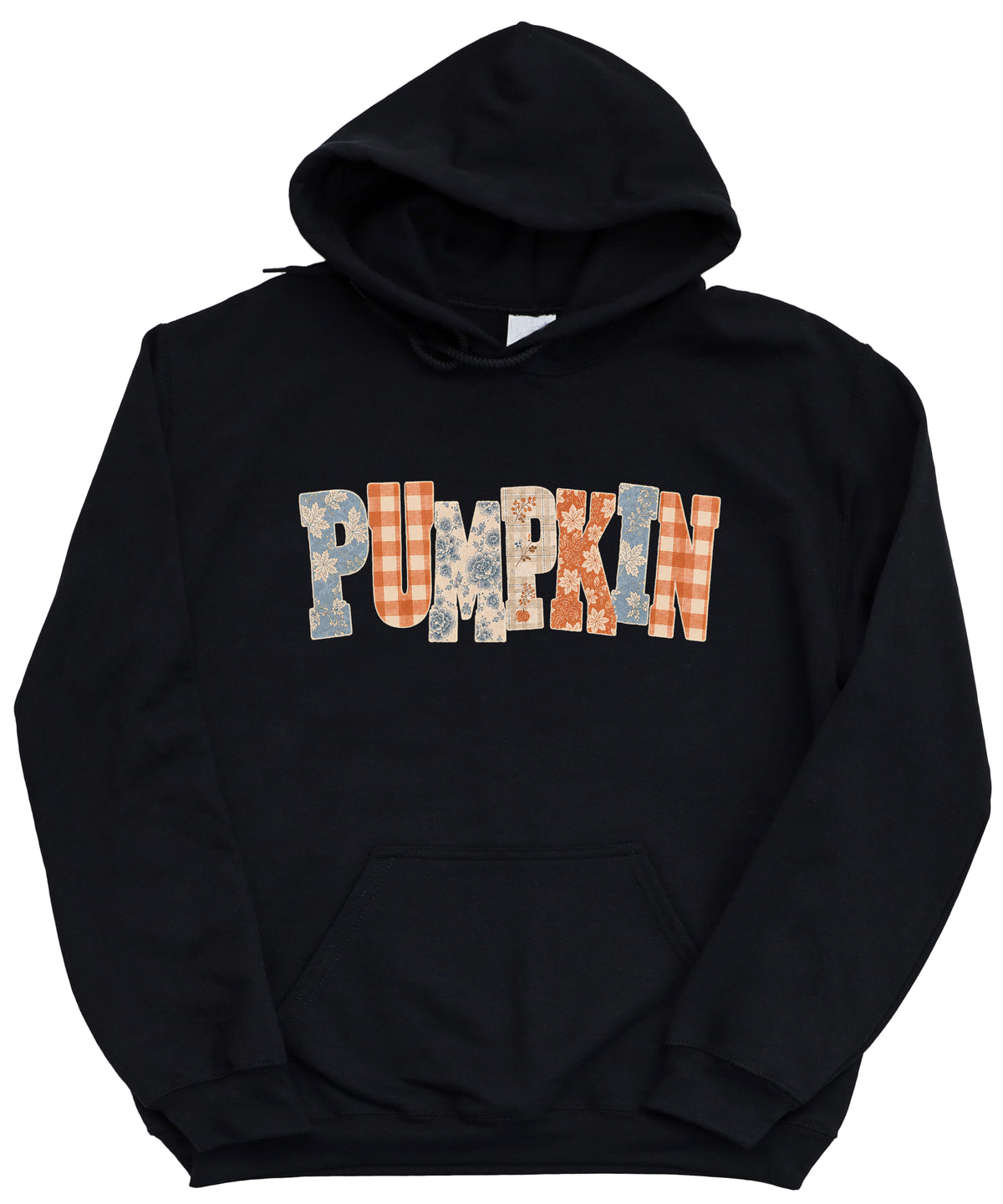 Black Pumpkin Patch fall hoodie for women and teen girls, detail view