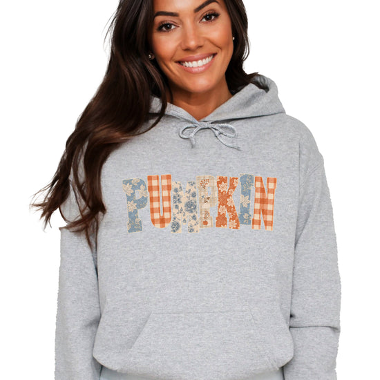 Gray Pumpkin Patch fall hoodie for women and teen girls, front view