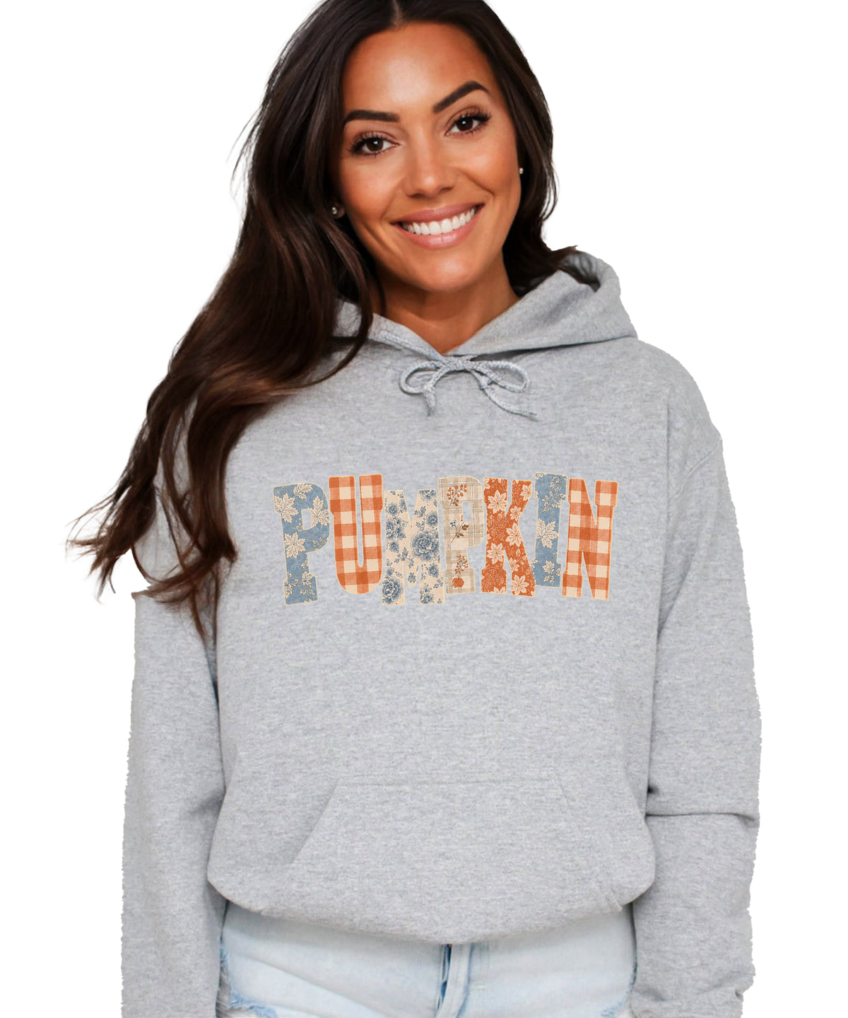 Gray Pumpkin Patch fall hoodie for women and teen girls, front view