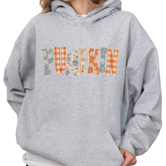 Gray Pumpkin Patch fall hoodie for women and teen girls, back view