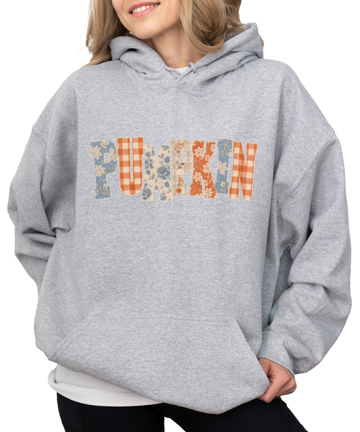 Gray Pumpkin Patch fall hoodie for women and teen girls, back view