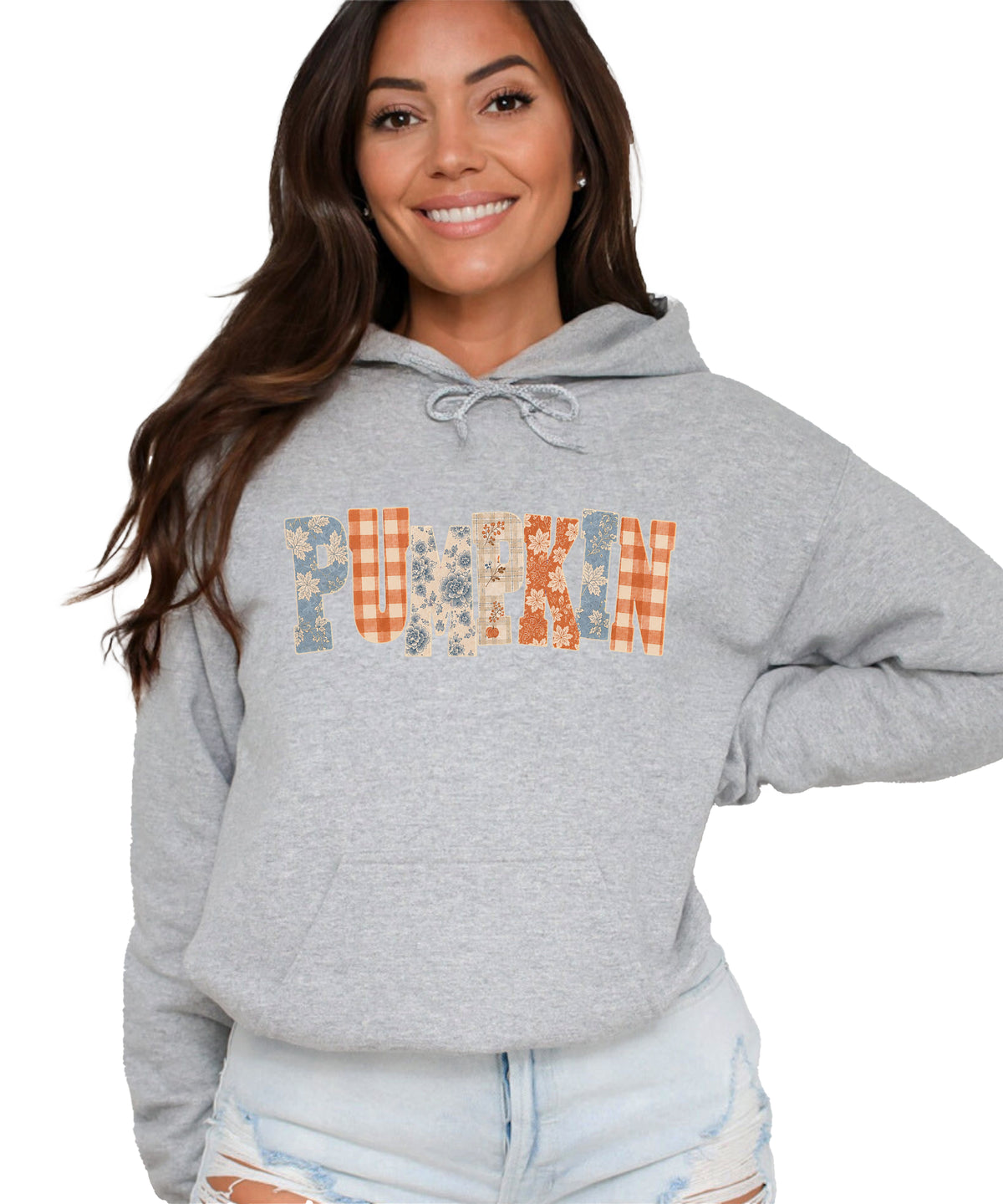 Gray Pumpkin Patch fall hoodie for women and teen girls, folded detail