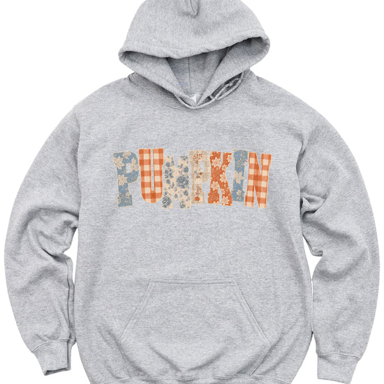 Gray Pumpkin Patch fall hoodie for women and teen girls, lettering close-up