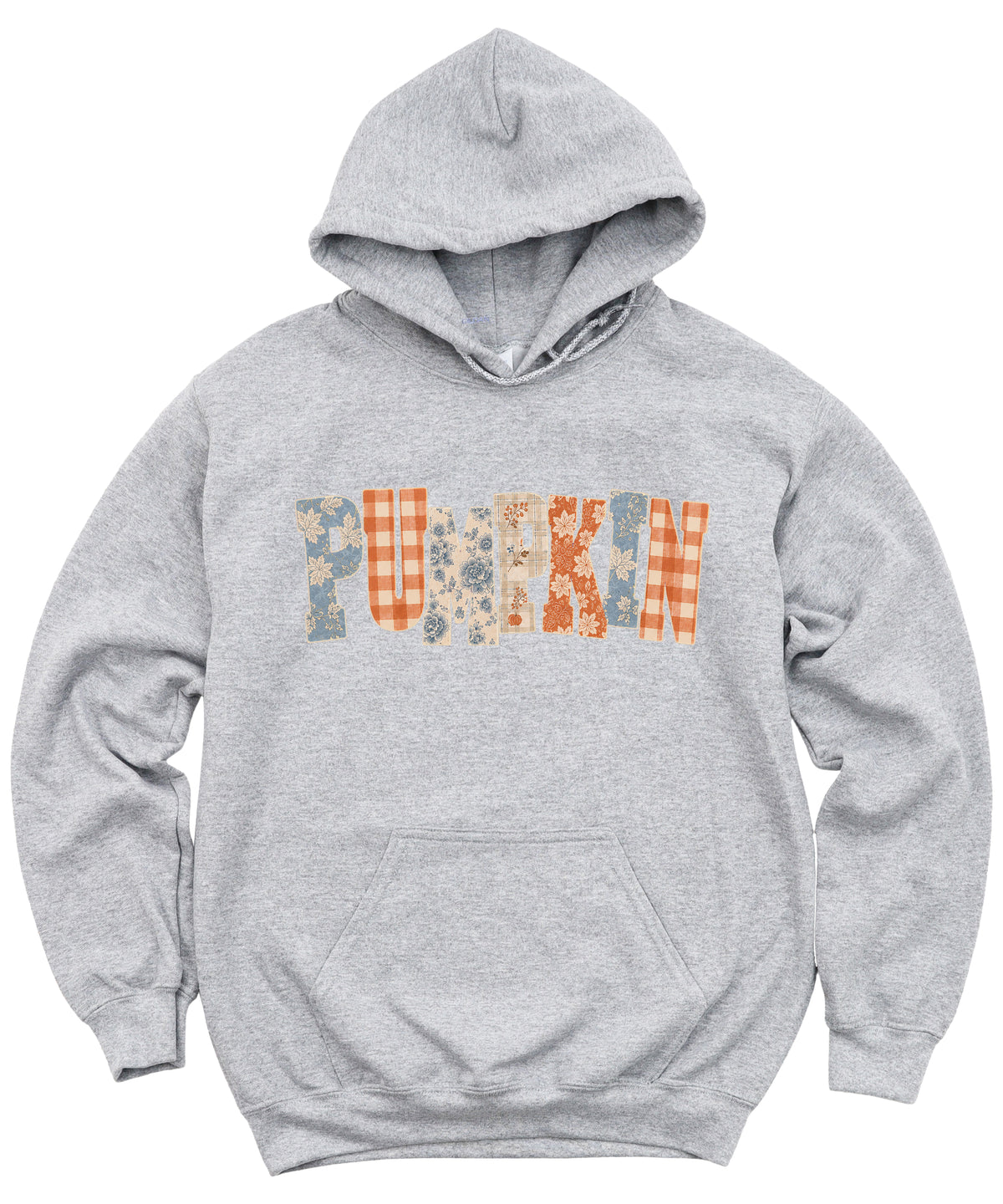 Gray Pumpkin Patch fall hoodie for women and teen girls, lettering close-up